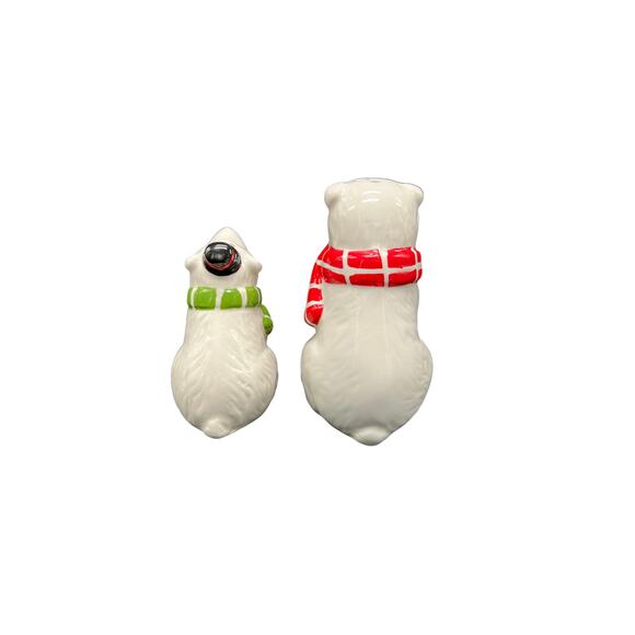 Mother & Son Polar Bear Salt & Pepper Shakers Holiday Green & Red Mufflers - Picture 3 of 5